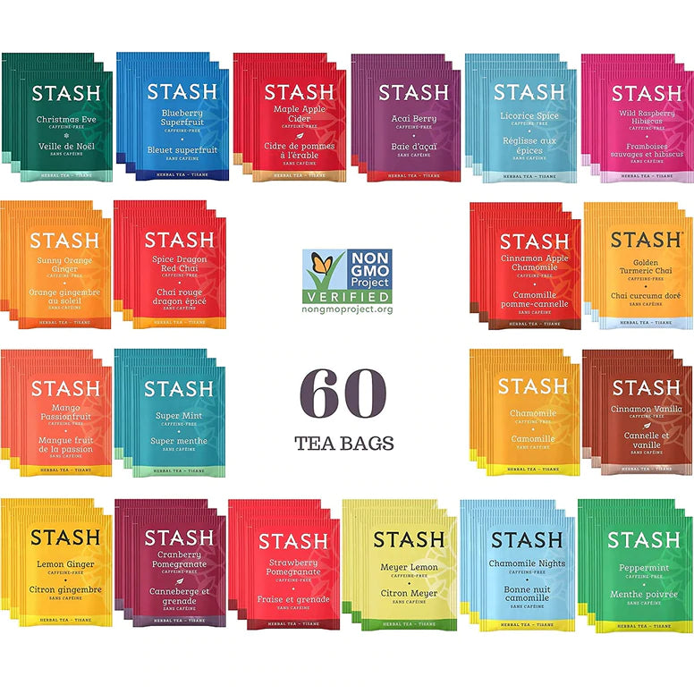 Stash Herbal & Decaf Tea Bags Sampler Gift Box, Caffeine Free Set - 60 Ct, 20 Flavors - 