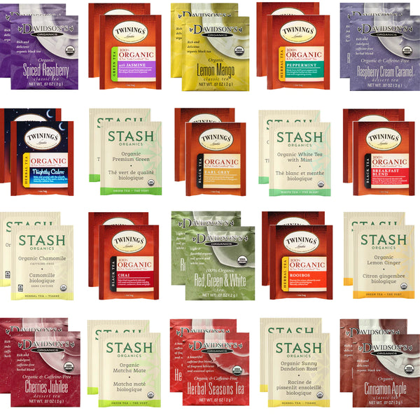 Organic Tea Bags Sampler - Stash, Twinings, Davidsons - 40 Ct, 20 Flavors - 