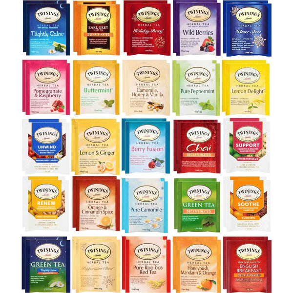 Twinings Herbal and Decaf Tea Bags Gift Sampler - 50 Count, 25 Flavors - 