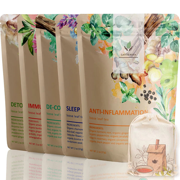 Gardenika Loose Leaf Herbal Tea Gift Sampler, USDA Organic, Caffeine Free, 120+ Cups – 5 Pack - 