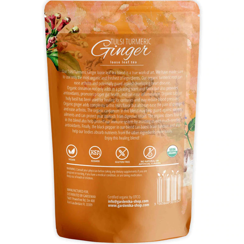 Gardenika Tulsi Turmeric Ginger Tea, Loose Leaf, USDA Organic, Caffeine Free Superfood Blend, 55+ Cups – 4 Oz (113g) - 