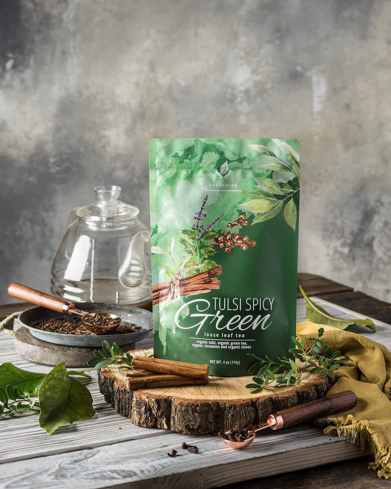 Gardenika Tulsi Spicy Green Tea, Loose Leaf, USDA Organic, 55+ Cups – 4 Oz (113g) - 