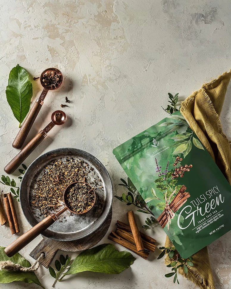 Gardenika Tulsi Spicy Green Tea, Loose Leaf, USDA Organic, 55+ Cups – 4 Oz (113g) - 