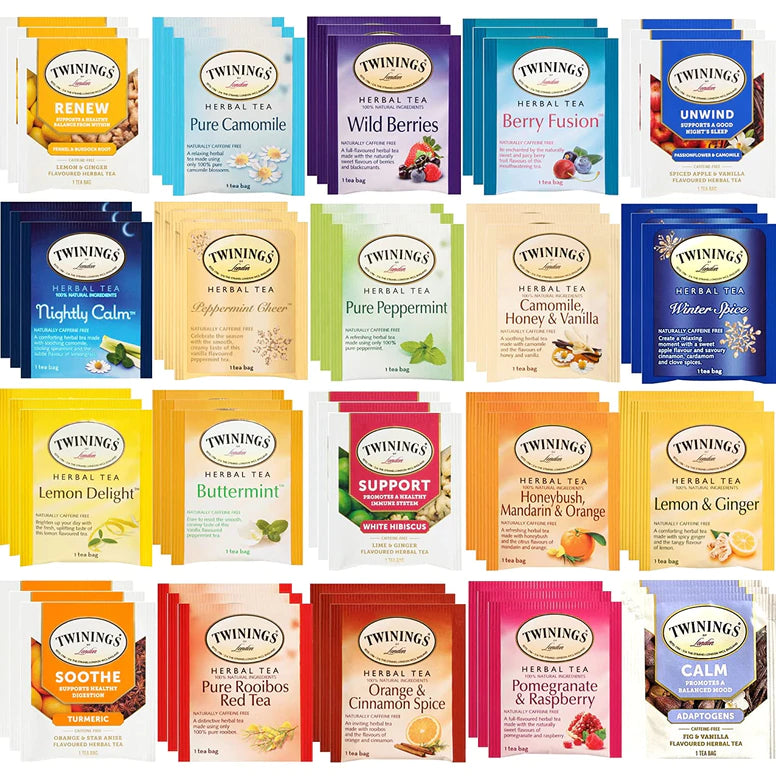 Twinings Tea Sampler Gift Set Box - Herbal and Naturally Caffeine Free - 60 count, 20 Flavors - 